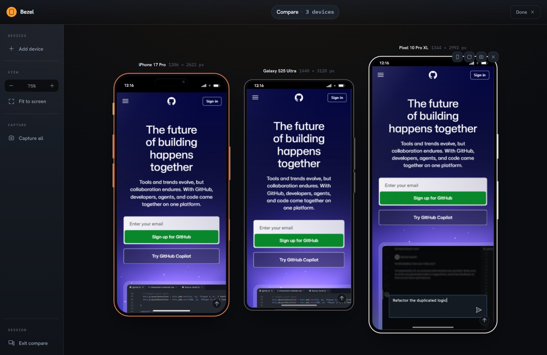 Bezel's compare grid: github.com shown live on iPhone 17 Pro, Galaxy S25 Ultra and Pixel 10 Pro XL.