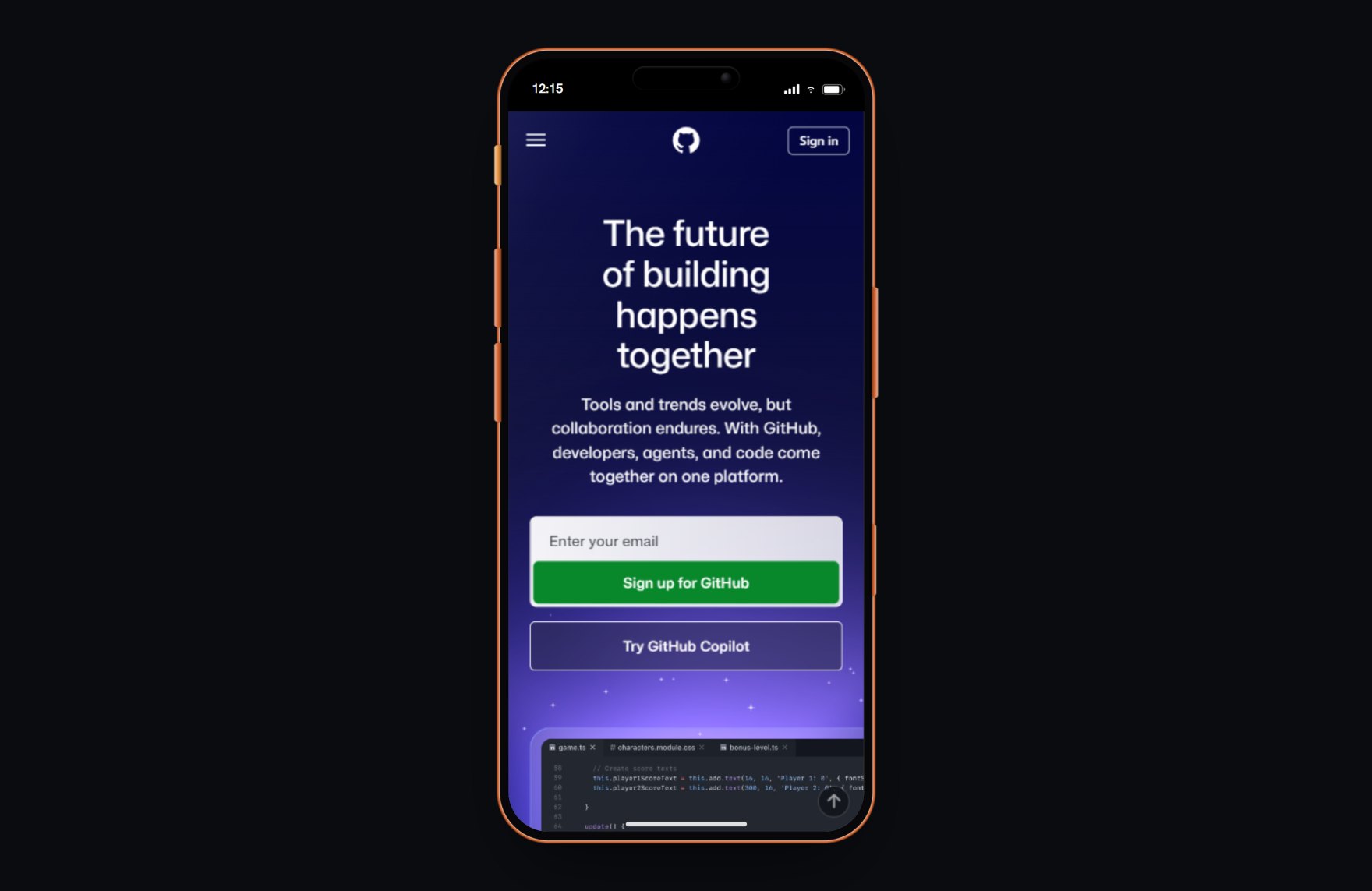 A real website framed inside an iPhone 17 Pro in Bezel, centered on the graphite stage.