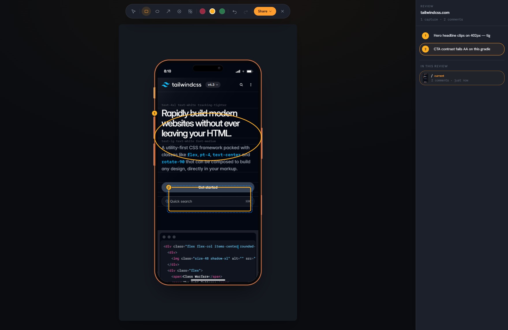 Bezel’s Markup studio: a circled headline and a boxed CTA on an iPhone, with numbered comments in a side rail