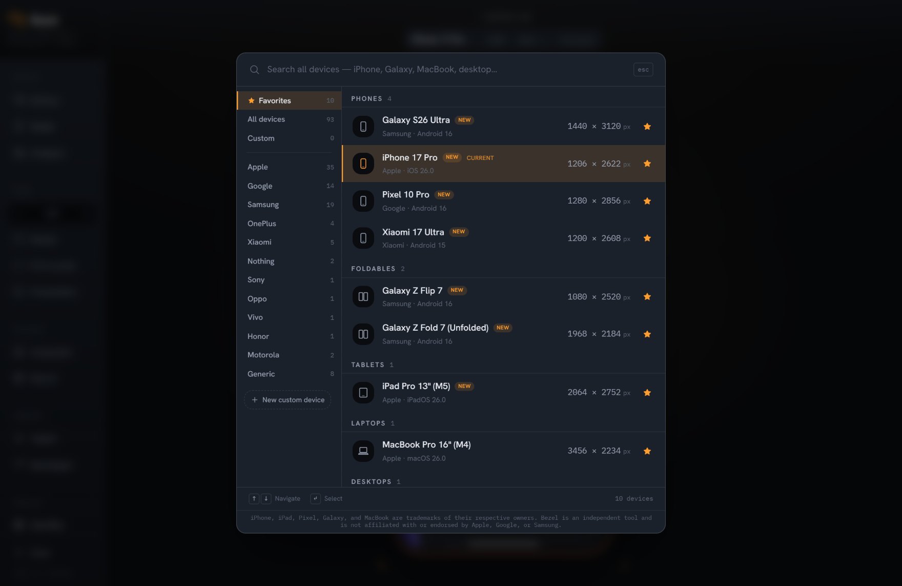 Bezel's device picker showing 90+ devices grouped by type, with a brand rail and search.