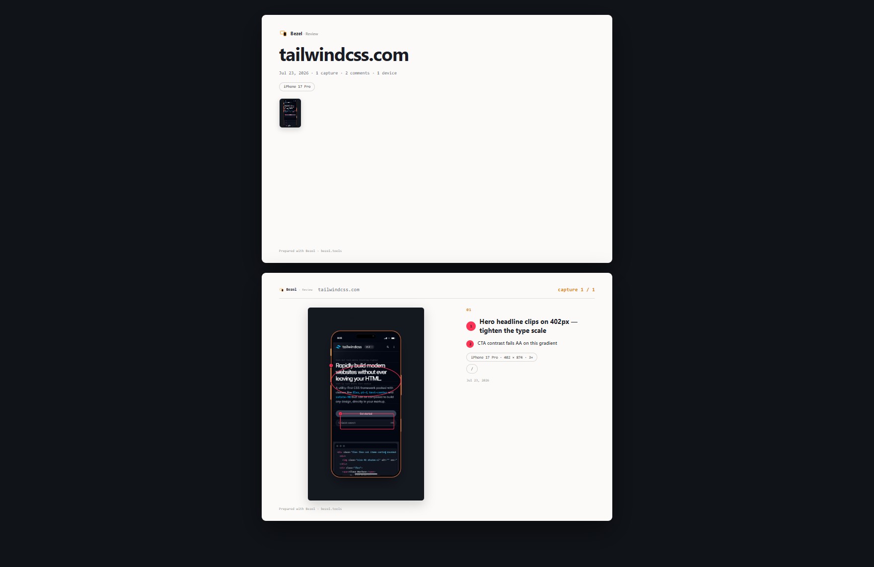 A page of Bezel's exported review deck: a framed capture with numbered comments and device context beside it.