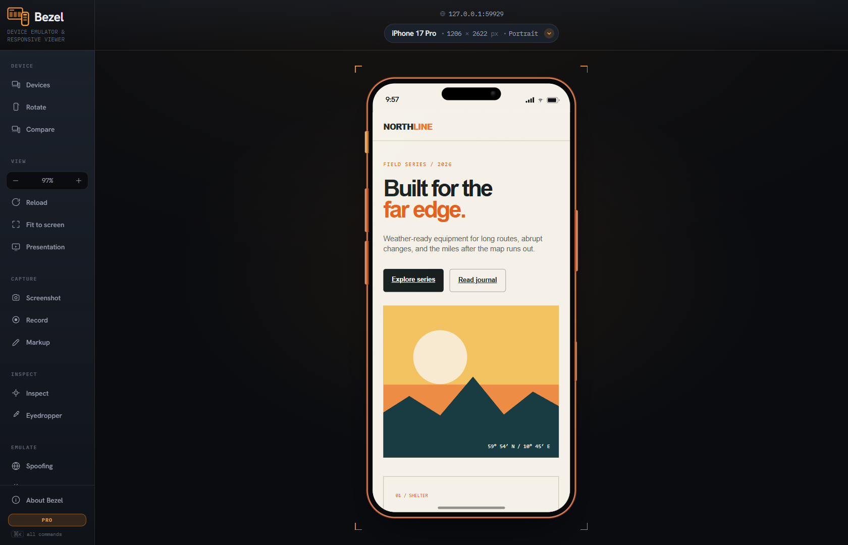 The current Bezel extension framing a responsive page as an iPhone 17 Pro